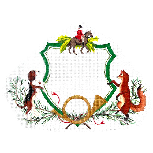 Monogram Crest - Hunter, Fox, Hound & Horn Painted Canvas Kate Dickerson Needlepoint Collections 