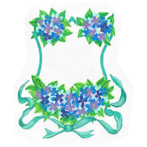 Monogram Crest Hydrangeas & Turquoise Ribbon Painted Canvas Kate Dickerson Needlepoint Collections - 1