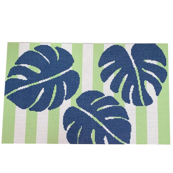 Monstera Stencil on Blue Bolster Printed Canvas Two Sisters Needlepoint