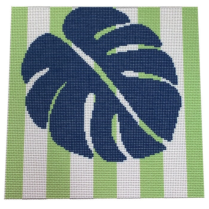 Monstera Stencil on Blue Square Printed Canvas Two Sisters Needlepoint 