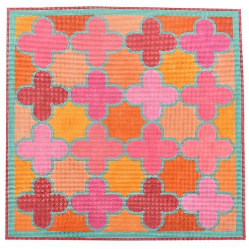 Moroccan Tiles Pink, Orange, Turquoise Quatrefoils Painted Canvas Kate Dickerson Needlepoint Collections - 1