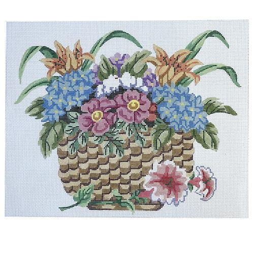 Nantucket Flower Basket Pillow Painted Canvas Silver Needle - 1