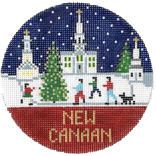 New Canaan CT Winter Round Painted Canvas Doolittle Stitchery - 1
