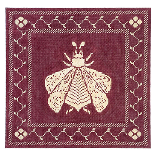 N's Bee Square Pillow Plum Cream 18 mesh Painted Canvas Whimsy & Grace - 1