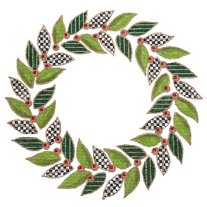 Olive Wreath with Patterned Leaves 18 mesh Painted Canvas CanvasWorks - 1
