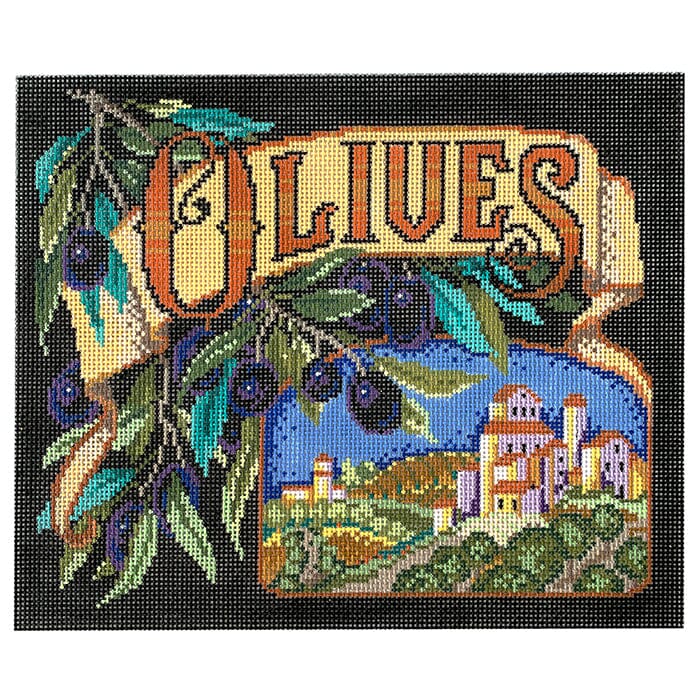 Olives Crate Label Painted Canvas CBK Needlepoint Collections