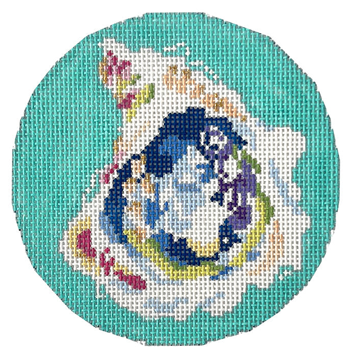 Oyster on Aqua Round Painted Canvas Two Sisters Needlepoint