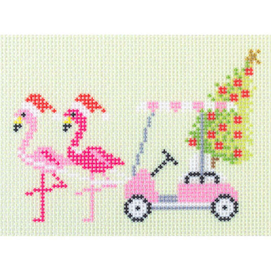 Palm Beach Christmas - Golf Cart with Flamingos Canvas Printed Canvas Needlepoint To Go 