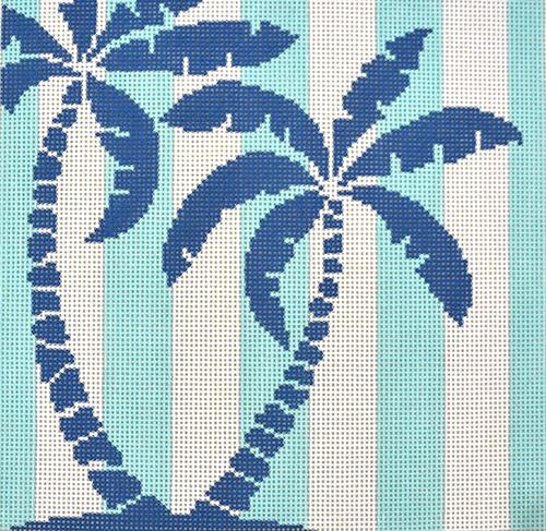 Palm Tree on Aqua Stripes Painted Canvas Two Sisters Needlepoint