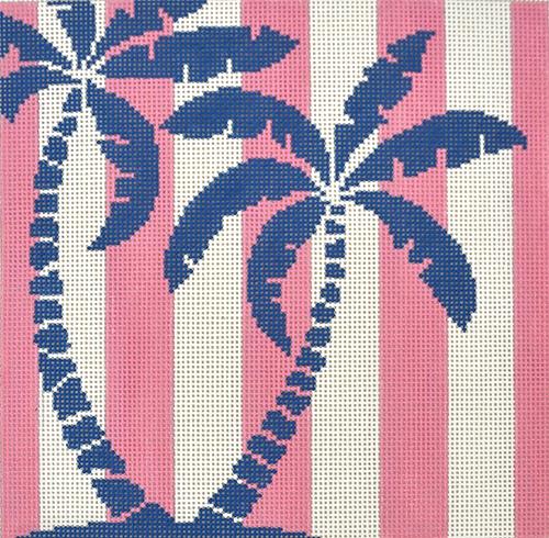 Palm Tree on Pink Stripes Painted Canvas Two Sisters Needlepoint
