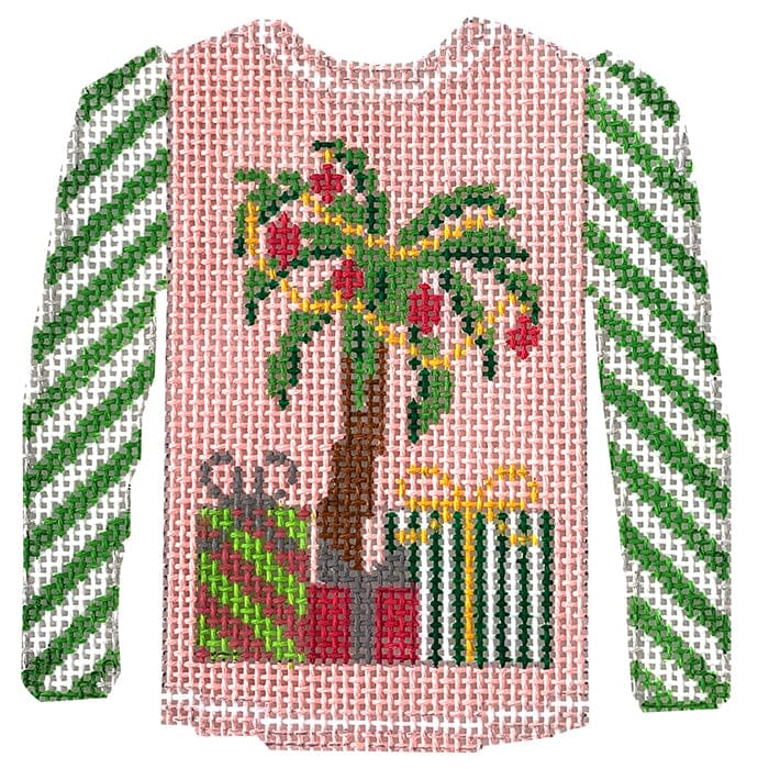 Palm Tree Sweater on Pink with Green Sleeves Painted Canvas Kristine Kingston - 1