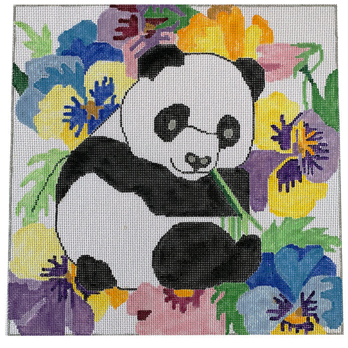 Panda & Pansies Painted Canvas Jean Smith