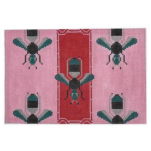 Parisian Bee Clutch in Pink & Red Painted Canvas Kimberly Ann Needlepoint
