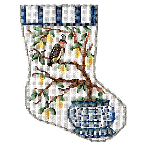 Partridge in a Pear Tree Chinoiserie Mini Stocking Painted Canvas KCN Designers - 1