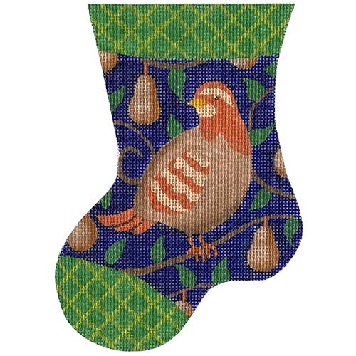 Partridge in Pear Tree on Navy Mini Stocking Painted Canvas PLD Designs - 1