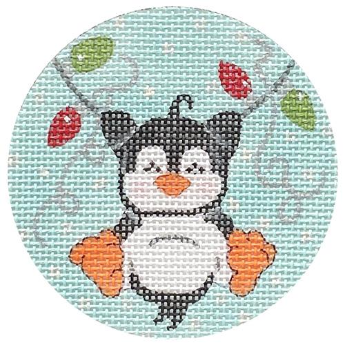 Penguin Swinging on Lights Painted Canvas Alice Peterson Company