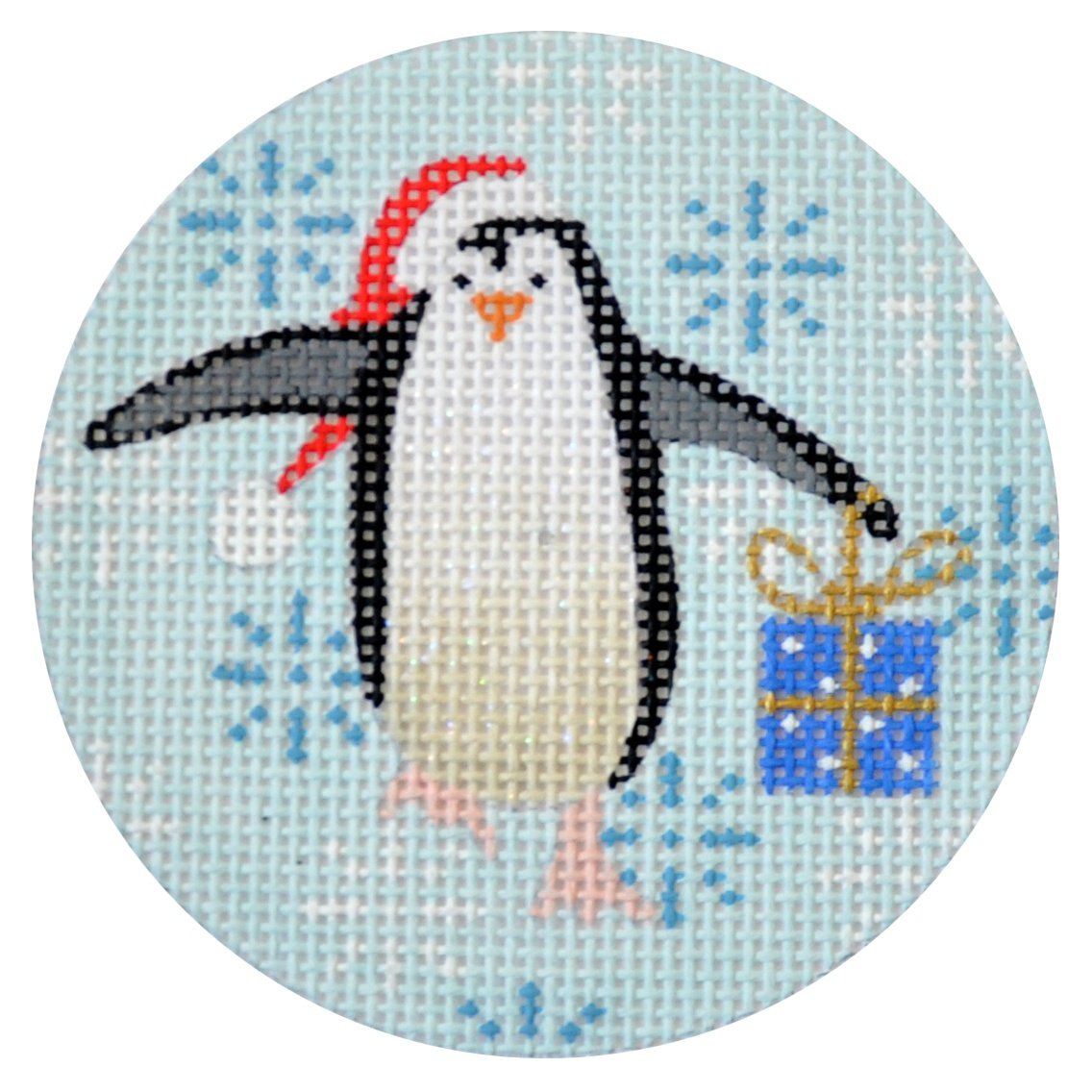Penguin Xmas Circle Blue Painted Canvas Kirk & Bradley - 1