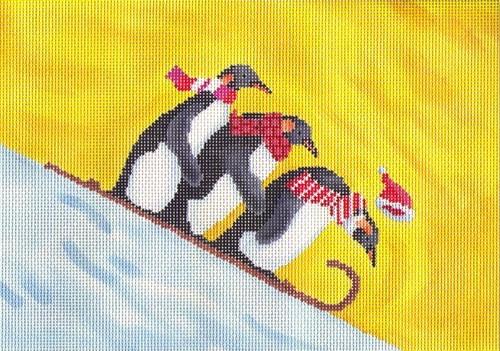 Penguins Sledding Painted Canvas Scott Church Creative