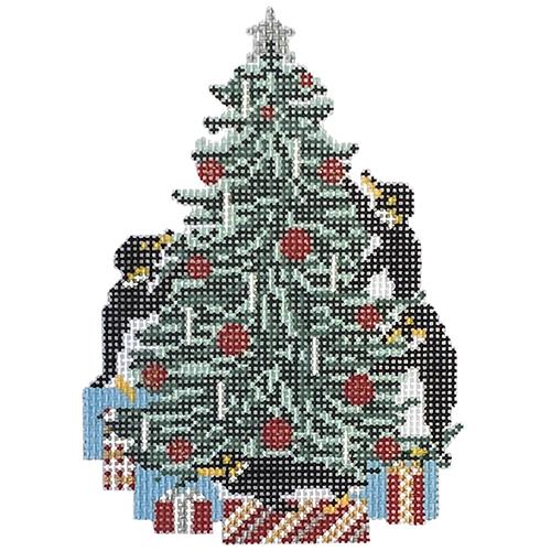 Penguins Tree on 18 Painted Canvas Needle Crossings