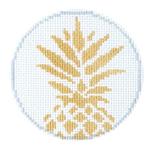 Pineapple Stencil / White Round Painted Canvas Two Sisters Needlepoint