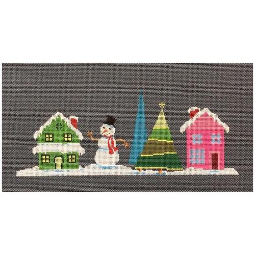 Pink House with Snowman with Stitch Guide Painted Canvas A Stitch in Time