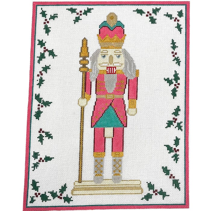 Pink Nutcracker with Holly Border Painted Canvas Initial K Studio - 1