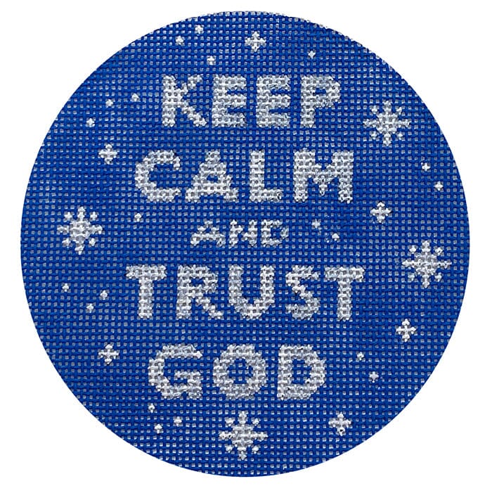 Planet Earth and Lee 4" Round - Keep Calm and Trust God - Sparkly White/Navy Painted Canvas Kate Dickerson Needlepoint Collections