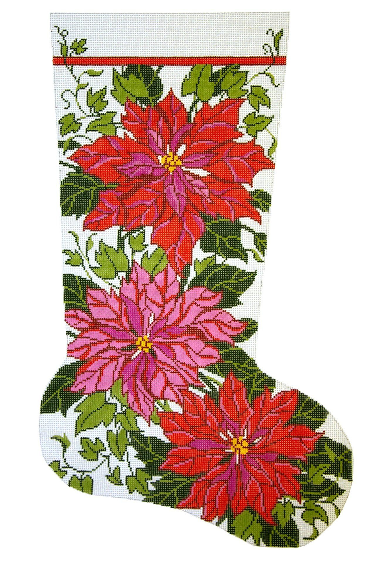Poinsettia and Ivy Stocking Painted Canvas Lee's Needle Art Inc. - 1
