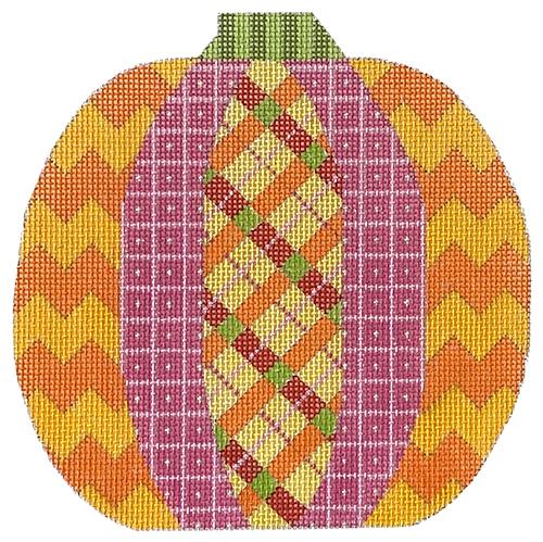 Pumpkin Patchwork Plaid Orange & Pink with Stitch Guide Painted Canvas Eye Candy Needleart - 1