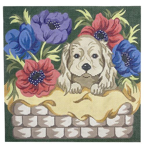 Puppy in Flower Basket Pillow Painted Canvas Silver Needle