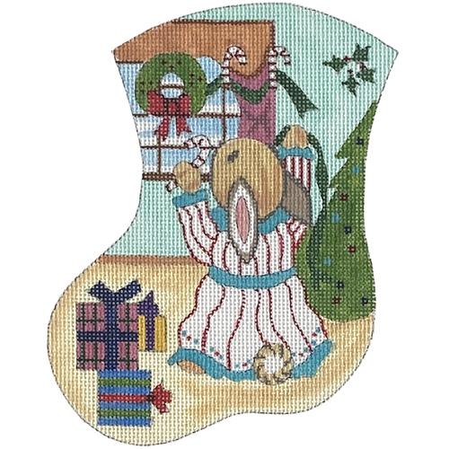 Rabbit Trimming Window Mini Stocking Painted Canvas The Meredith Collection - 1