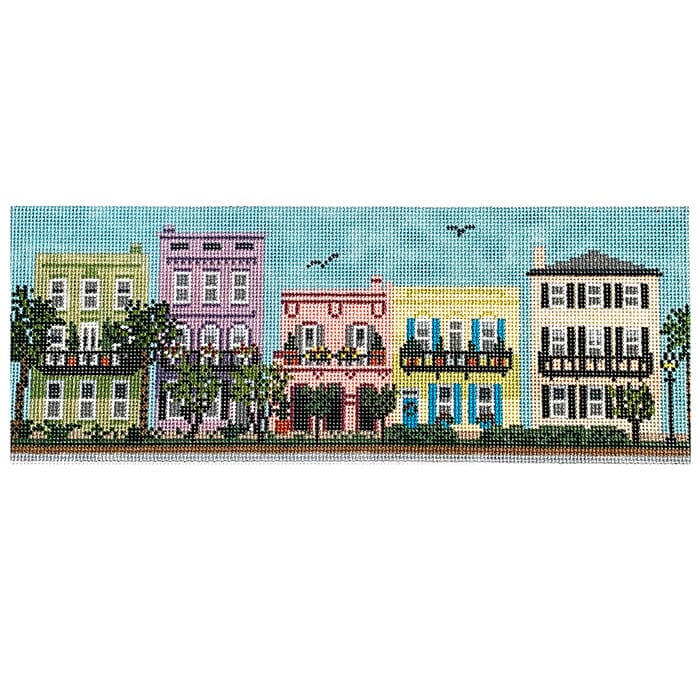Rainbow Row Charleston Pastel Houses on 18 Painted Canvas Needle Crossings - 1