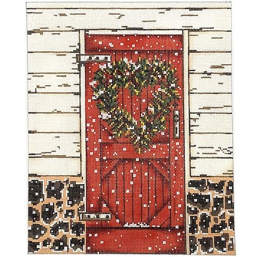 Red Door with Heart Wreath Painted Canvas Cooper Oaks Design - 1
