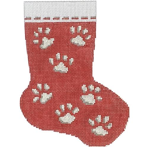 Red Paw Print Mini Stocking on 18 Painted Canvas Needle Crossings - 1