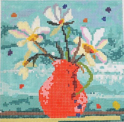 Red Vase with Flowers Painted Canvas Birds of a Feather