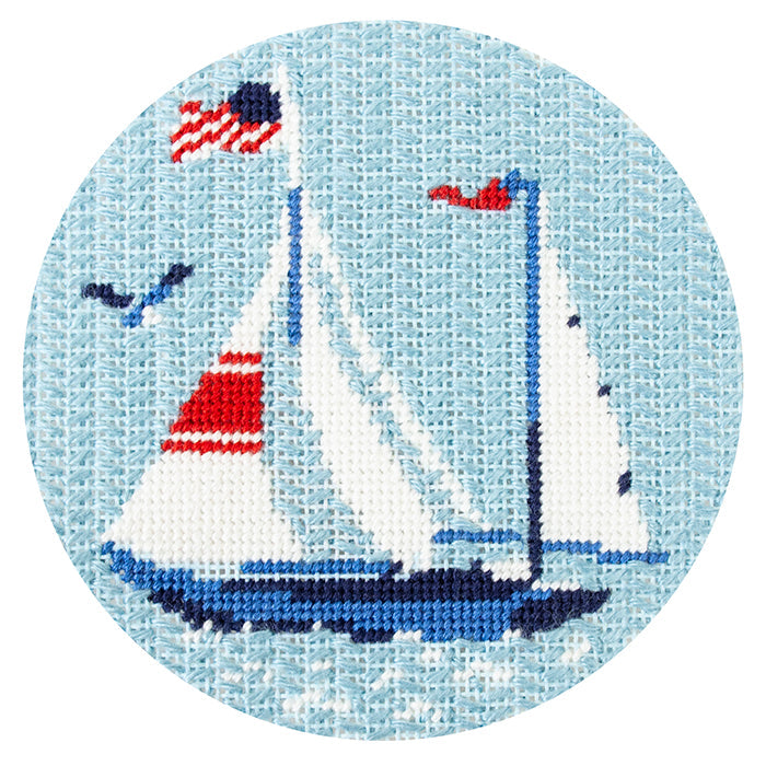 Regatta Round   Sailing Yacht Canvas Printed Canvas Needlepoint To Go