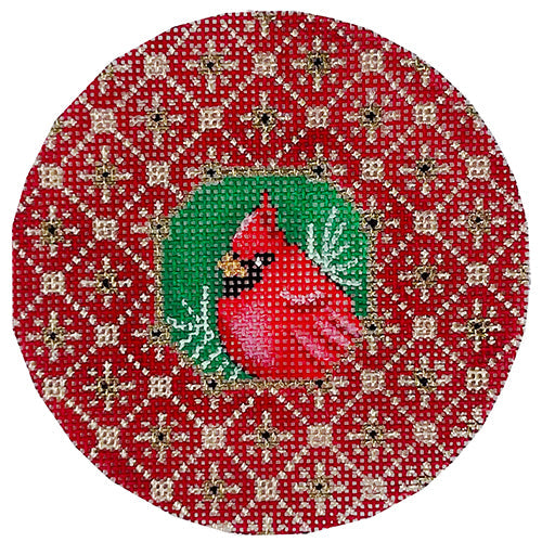 Rhinestone Cardinal Round Painted Canvas Vallerie Needlepoint Gallery - 1