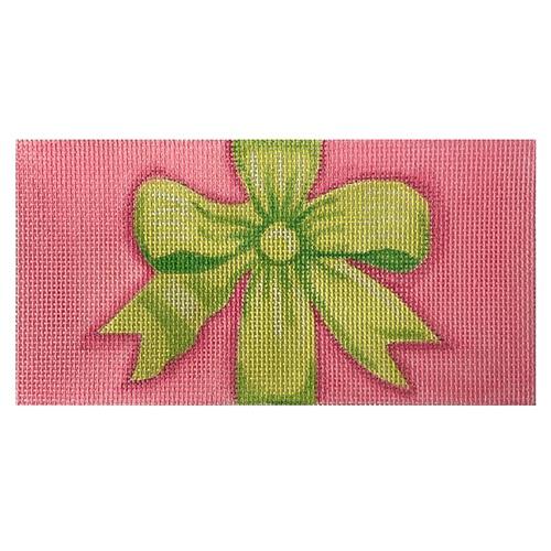 Ribbon and Bow Insert Lime on Pink Painted Canvas Kate Dickerson Needlepoint Collections - 1