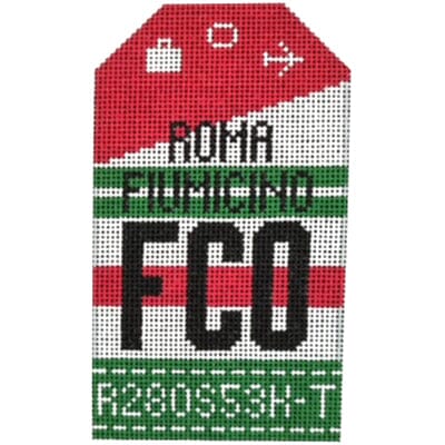 Rome FCO Vintage Travel Tag Painted Canvas Hedgehog Needlepoint - 1
