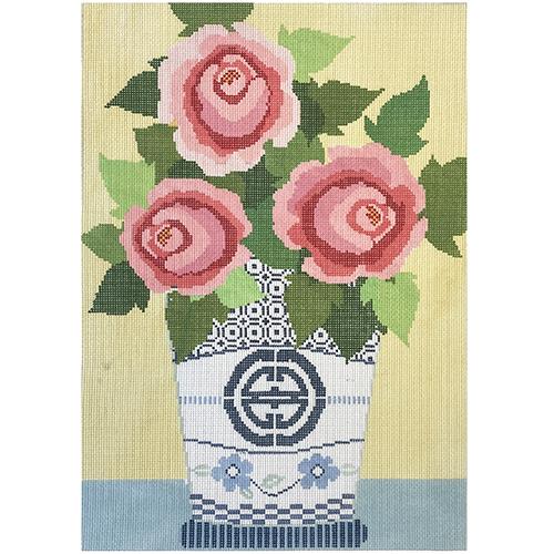 Rosie Flowers in Blue Vase on 13 Painted Canvas NeedleDeeva