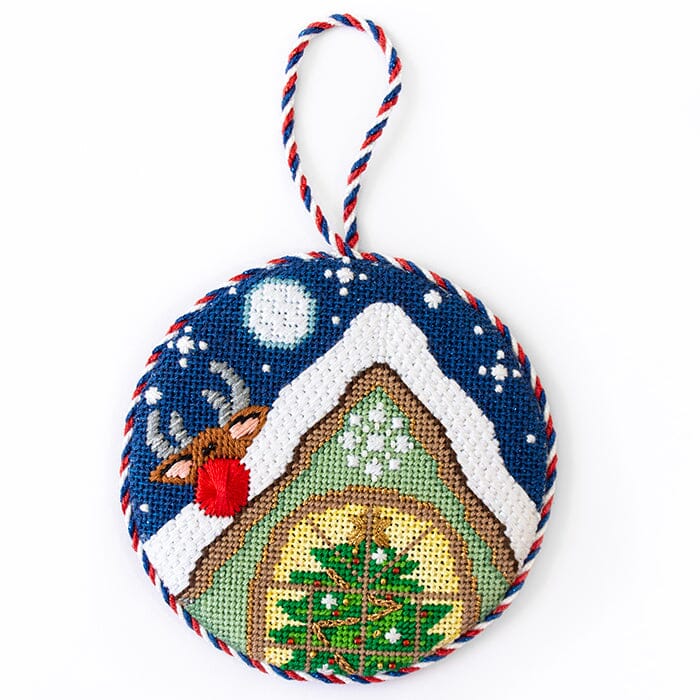 Rudolph on Roof with Stitch Guide Painted Canvas Rebecca Wood Designs - 1