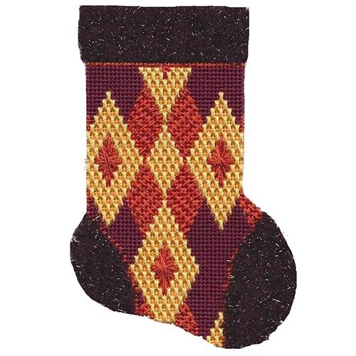Rust, Gold, & Burgundy Mini Sock with Stitch Guide Painted Canvas A Stitch in Time - 1