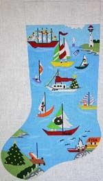 Sailboat Marina at Christmas Stocking Painted Canvas The Meredith Collection - 1