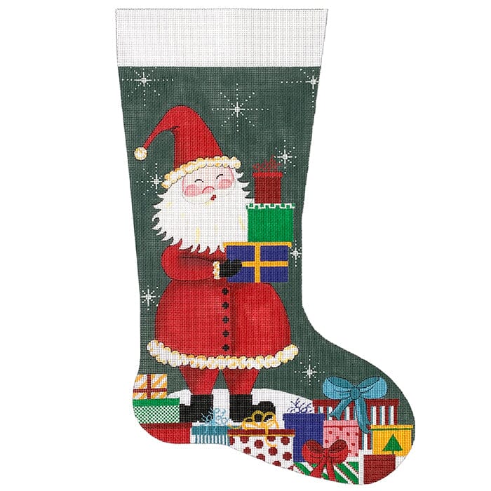 Santa and Gifts Christmas Stocking Painted Canvas Alice Peterson Company