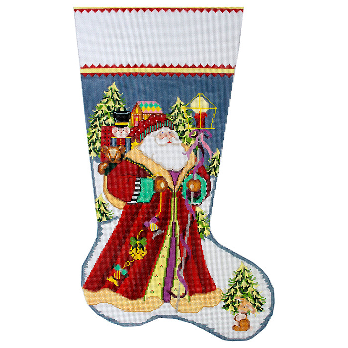 Santa Delivers Stocking in Red Coat Painted Canvas NeedleDeeva