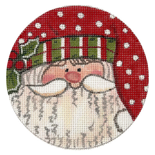 Santa Face Round Polka Dot Hat w/ Green Check Painted Canvas All About Stitching/The Collection Design - 1