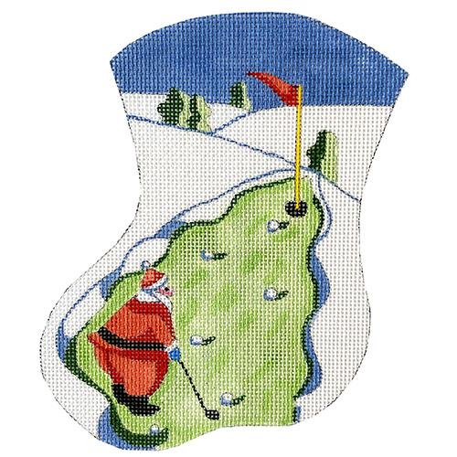 Santa Golfing on Christmas Tree Green Mini Stocking Painted Canvas The Meredith Collection - 1