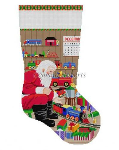 Santa & Trains Stocking Painted Canvas Susan Roberts Needlepoint Designs, Inc.