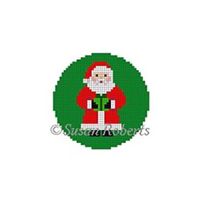 Santa with Present Round Painted Canvas Susan Roberts Needlepoint Designs Inc.