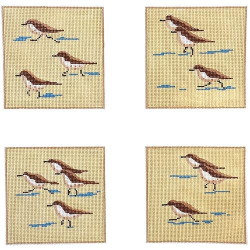 Set of 4 Coasters - Sandpipers on Beach Painted Canvas Kate Dickerson Needlepoint Collections